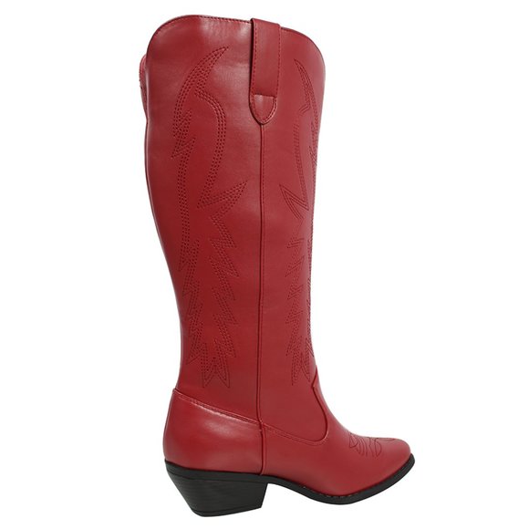 Dark Red Faux Leather Stitching Cowboy Knee High Boots - Picture 4 of 5